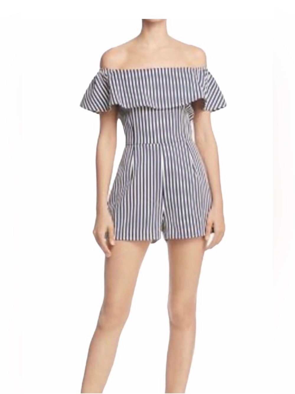 Aqua Bloomingdale's Navy Blue & Cream Striped Off The Shoulder Romper - Medium